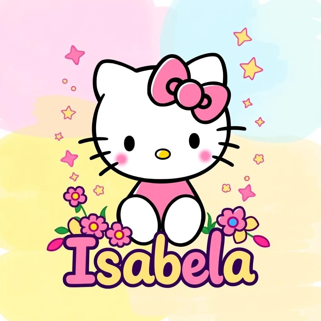 A cute and colorful illustration of Hello Kitty, the iconic character, wearing a pink bow