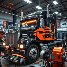 A semi-truck in the process of tuning, located inside a well-lit garage