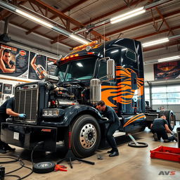 A semi-truck in the process of tuning, located inside a well-lit garage