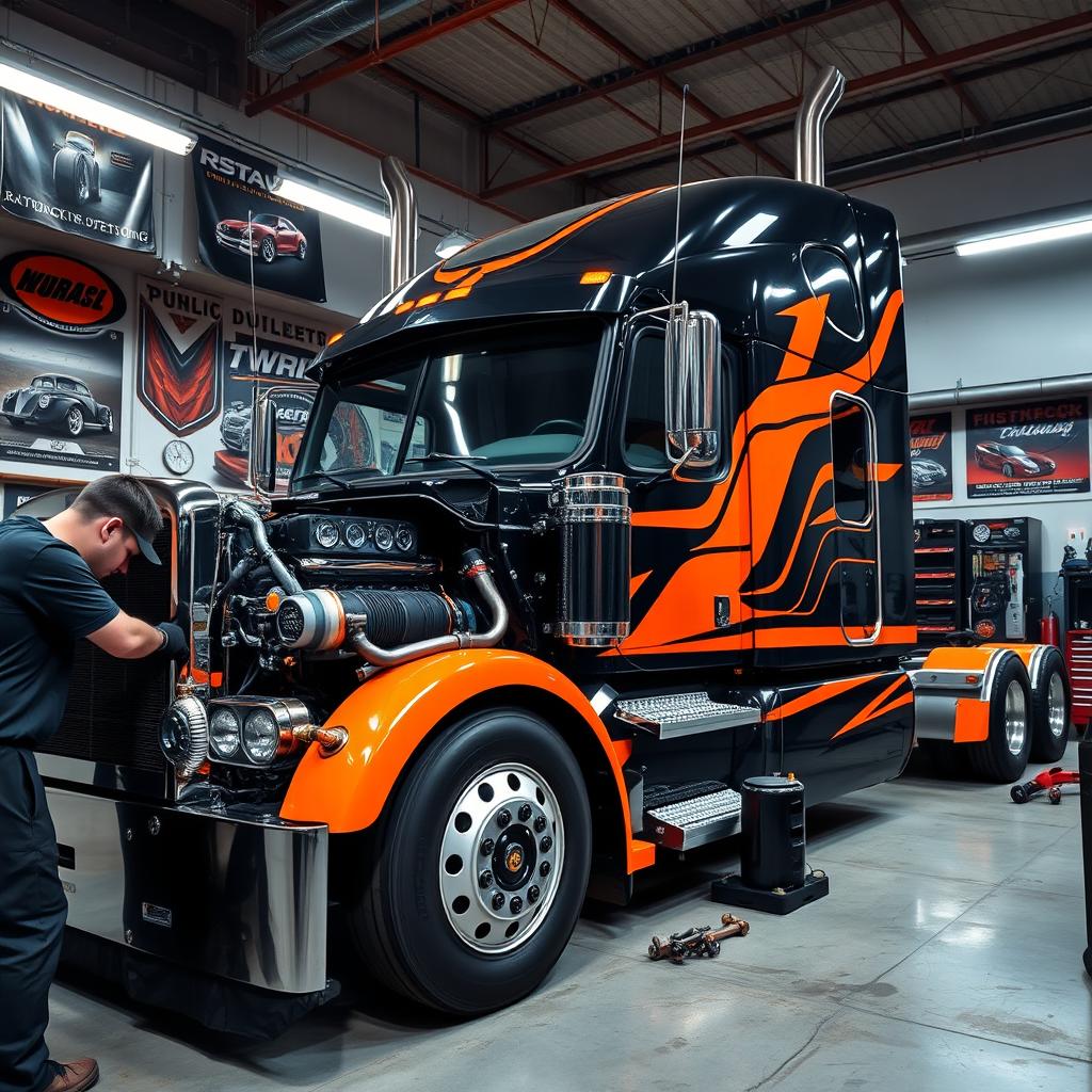 A semi-truck in the process of tuning, located inside a well-lit garage