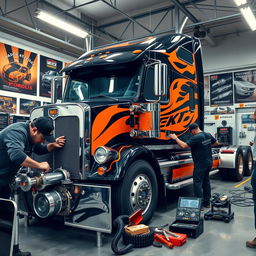 A semi-truck in the process of tuning, located inside a well-lit garage