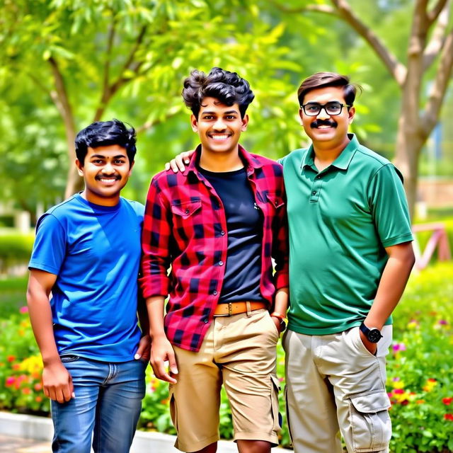 Three friends standing together in a vibrant outdoor setting, exuding camaraderie and joy