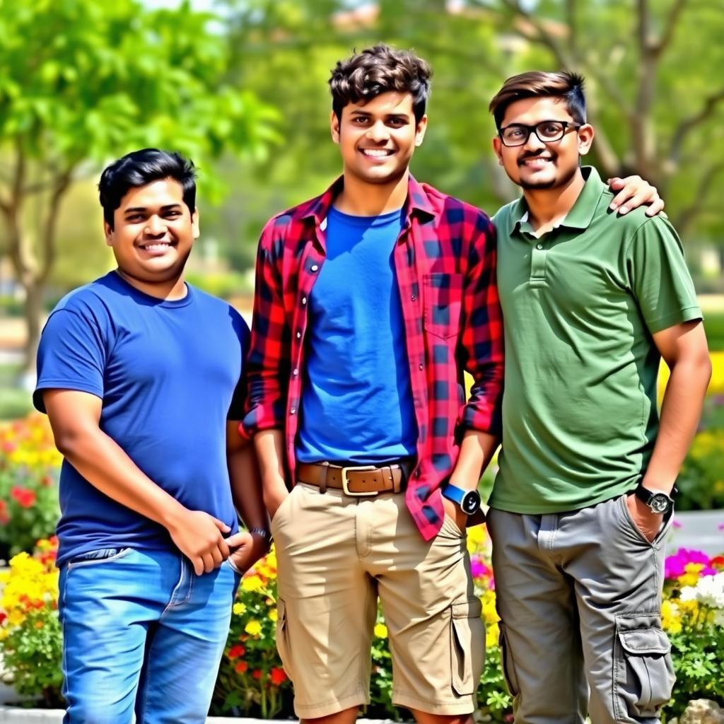 Three friends standing together in a vibrant outdoor setting, exuding camaraderie and joy