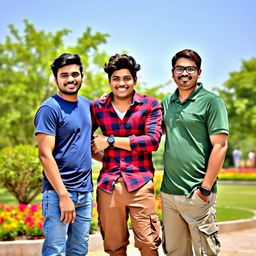 Three friends standing together in a vibrant outdoor setting, exuding camaraderie and joy