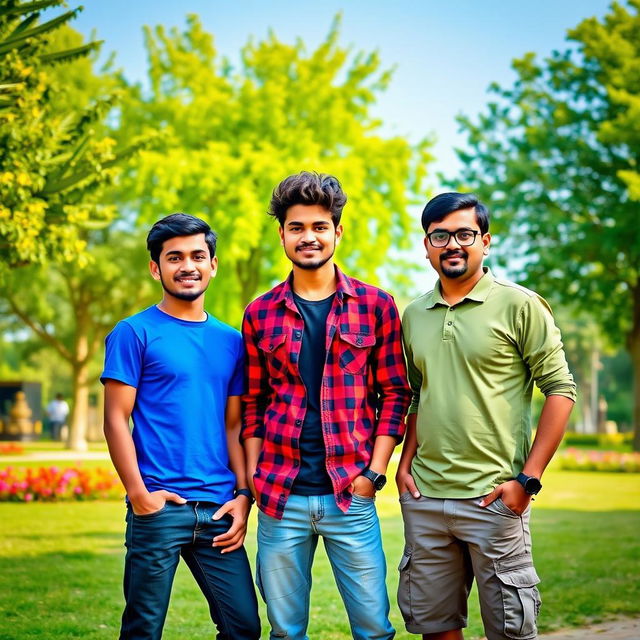 Three friends in a lively park, showcasing their unique personalities and style