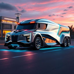 A futuristic, cutting-edge Koenigsegg truck designed for high performance, showcasing sleek aerodynamic lines, a powerful build, and advanced technology features