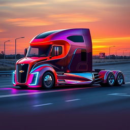 A futuristic semi-truck designed with cutting-edge technology and an aerodynamic body inspired by the sleek lines of a Chevrolet Camaro