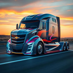 A futuristic semi-truck designed with cutting-edge technology and an aerodynamic body inspired by the sleek lines of a Chevrolet Camaro