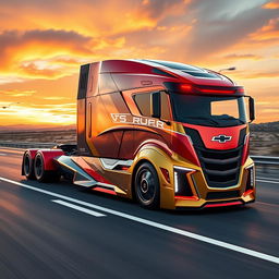 A futuristic semi-truck designed with cutting-edge technology and an aerodynamic body inspired by the sleek lines of a Chevrolet Camaro