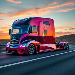 A futuristic semi-truck designed with cutting-edge technology and an aerodynamic body inspired by the sleek lines of a Chevrolet Camaro