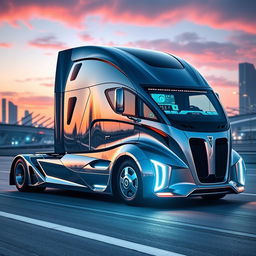 A cutting-edge semi-truck showcasing innovative design and engineering, featuring a sleek, modern chassis with aerodynamic curves