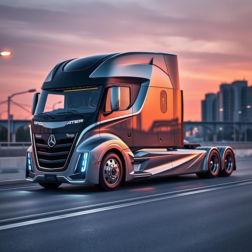 A cutting-edge semi-truck showcasing innovative design and engineering, featuring a sleek, modern chassis with aerodynamic curves