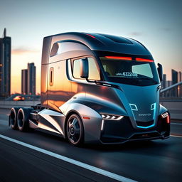 A cutting-edge semi-truck showcasing innovative design and engineering, featuring a sleek, modern chassis with aerodynamic curves