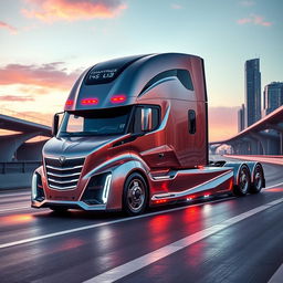 A cutting-edge semi-truck showcasing innovative design and engineering, featuring a sleek, modern chassis with aerodynamic curves