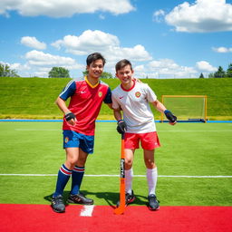 A vibrant scene of two enthusiastic players standing together on a hockey ground during a sunny day, with a perfectly groomed grass field in the background