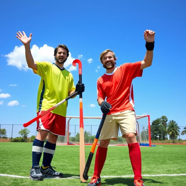 A vibrant scene of two enthusiastic players standing together on a hockey ground during a sunny day, with a perfectly groomed grass field in the background