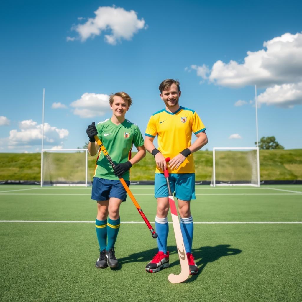 A vibrant scene of two enthusiastic players standing together on a hockey ground during a sunny day, with a perfectly groomed grass field in the background