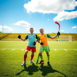 A vibrant scene of two enthusiastic players standing together on a hockey ground during a sunny day, with a perfectly groomed grass field in the background
