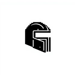 A minimalistic logo featuring a stylized black pixelated helmet design on a white background