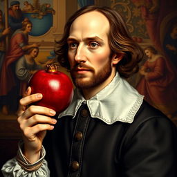 A highly detailed portrait of William Shakespeare, dressed in elegant Elizabethan attire, holding a ripe, juicy pomegranate in his hand