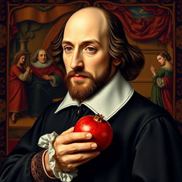 A highly detailed portrait of William Shakespeare, dressed in elegant Elizabethan attire, holding a ripe, juicy pomegranate in his hand