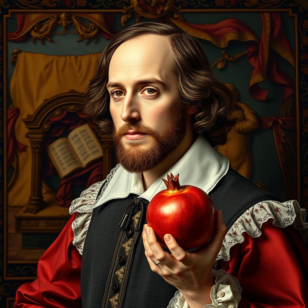 A highly detailed portrait of William Shakespeare, dressed in elegant Elizabethan attire, holding a ripe, juicy pomegranate in his hand