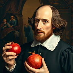 A highly detailed portrait of William Shakespeare, dressed in elegant Elizabethan attire, holding a ripe, juicy pomegranate in his hand