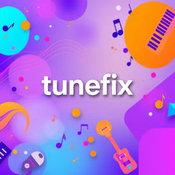 A vibrant and engaging YouTube channel background for 'tunefix', featuring abstract musical elements such as colorful sound waves, musical notes, and instruments like guitars and keyboards