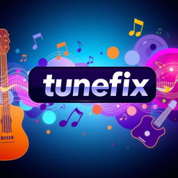 A vibrant and engaging YouTube channel background for 'tunefix', featuring abstract musical elements such as colorful sound waves, musical notes, and instruments like guitars and keyboards