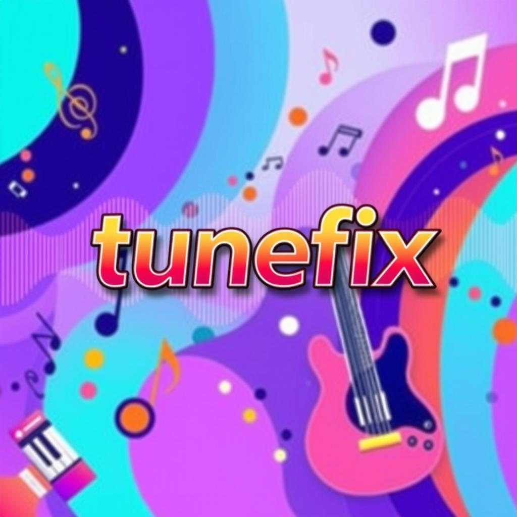 A vibrant and engaging YouTube channel background for 'tunefix', featuring abstract musical elements such as colorful sound waves, musical notes, and instruments like guitars and keyboards