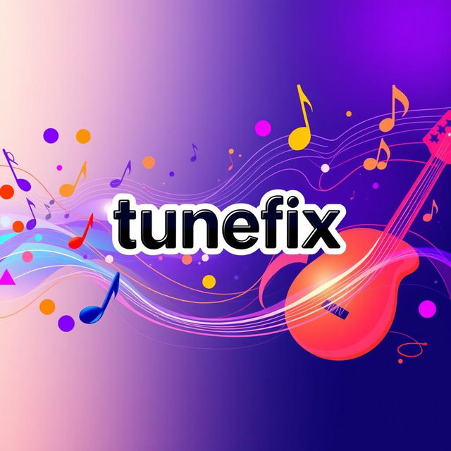 A vibrant and engaging YouTube channel background for 'tunefix', featuring abstract musical elements such as colorful sound waves, musical notes, and instruments like guitars and keyboards