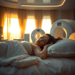 A surreal, dreamlike scene featuring a hyper-realistic depiction of a female model, Demej Ronaldo, peacefully sleeping on a soft, luxurious bed as dawn breaks, creating a warm glow in the room