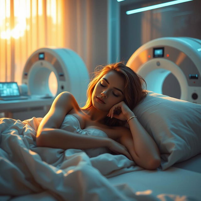 A surreal, dreamlike scene featuring a hyper-realistic depiction of a female model, Demej Ronaldo, peacefully sleeping on a soft, luxurious bed as dawn breaks, creating a warm glow in the room