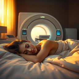 A surreal, dreamlike scene featuring a hyper-realistic depiction of a female model, Demej Ronaldo, peacefully sleeping on a soft, luxurious bed as dawn breaks, creating a warm glow in the room