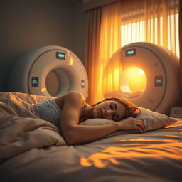 A surreal, dreamlike scene featuring a hyper-realistic depiction of a female model, Demej Ronaldo, peacefully sleeping on a soft, luxurious bed as dawn breaks, creating a warm glow in the room