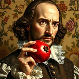 A strikingly detailed portrait of William Shakespeare, elegantly dressed in traditional Elizabethan garments, delicately holding a vibrant, ripe pomegranate in his right hand