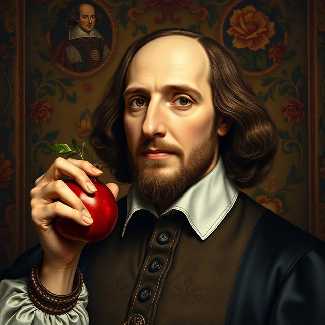 A strikingly detailed portrait of William Shakespeare, elegantly dressed in traditional Elizabethan garments, delicately holding a vibrant, ripe pomegranate in his right hand