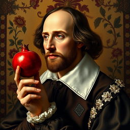 A strikingly detailed portrait of William Shakespeare, elegantly dressed in traditional Elizabethan garments, delicately holding a vibrant, ripe pomegranate in his right hand