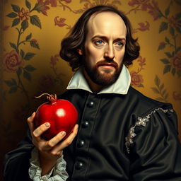 A strikingly detailed portrait of William Shakespeare, elegantly dressed in traditional Elizabethan garments, delicately holding a vibrant, ripe pomegranate in his right hand
