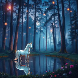 A mystical forest scene at twilight, rich in colors and details