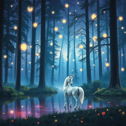 A mystical forest scene at twilight, rich in colors and details
