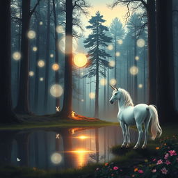 A mystical forest scene at twilight, rich in colors and details