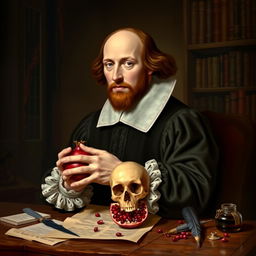 A classic portrait of William Shakespeare, depicted as a scholarly figure in Elizabethan attire, holding a pomegranate in his hands, resembling the way Hamlet holds a skull