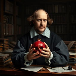 A classic portrait of William Shakespeare, depicted as a scholarly figure in Elizabethan attire, holding a pomegranate in his hands, resembling the way Hamlet holds a skull