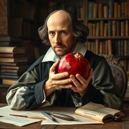 A classic portrait of William Shakespeare, depicted as a scholarly figure in Elizabethan attire, holding a pomegranate in his hands, resembling the way Hamlet holds a skull