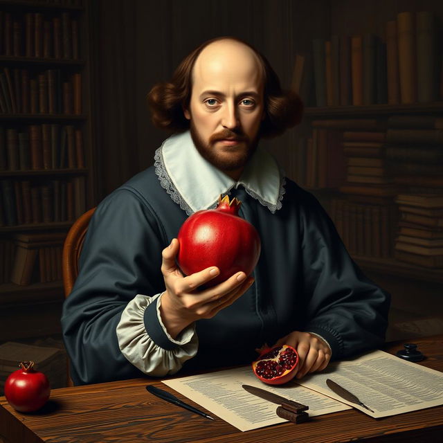 A classic portrait of William Shakespeare, depicted as a scholarly figure in Elizabethan attire, holding a pomegranate in his hands, resembling the way Hamlet holds a skull