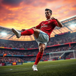 A dramatic scene featuring a powerful male soccer player, inspired by the athleticism and charisma of Cristiano Ronaldo