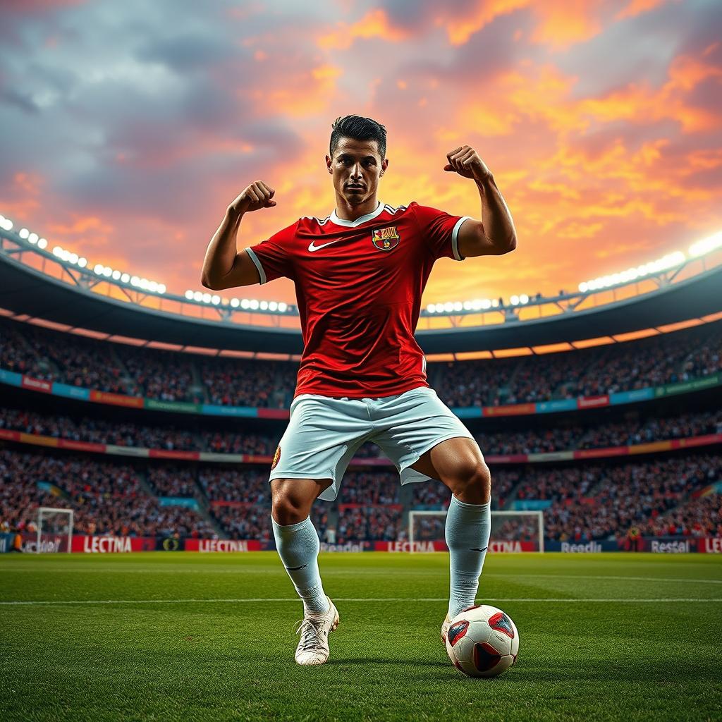 A dramatic scene featuring a powerful male soccer player, inspired by the athleticism and charisma of Cristiano Ronaldo