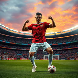 A dramatic scene featuring a powerful male soccer player, inspired by the athleticism and charisma of Cristiano Ronaldo