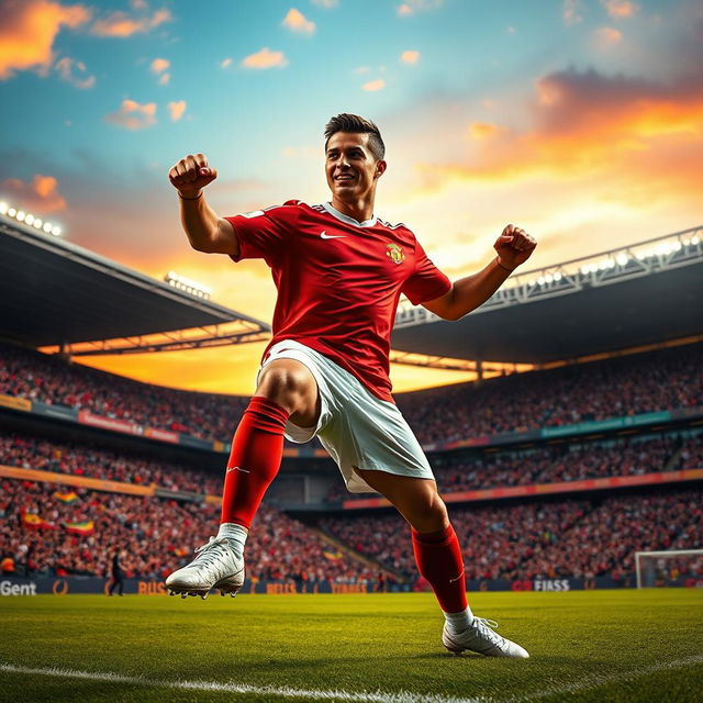 A dramatic scene featuring a powerful male soccer player, inspired by the athleticism and charisma of Cristiano Ronaldo